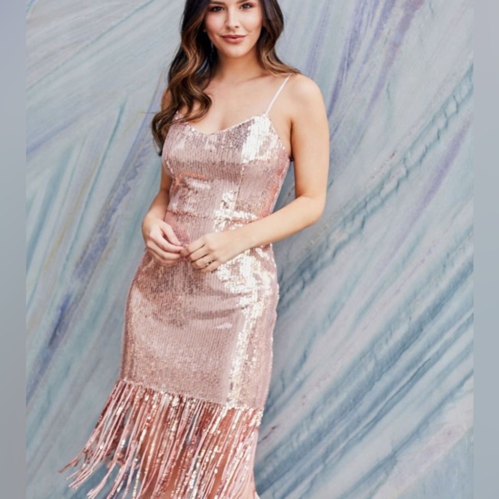 Laundry by Shelli Segal Sequined Fringe
Sheath Dress / RoseGold. / Size 14